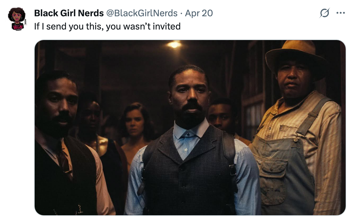 A group of serious-looking people stands together in a dimly lit room, with the main man wearing a formal vest and tie. Text: &quot;If I send you this, you wasn't invited.&quot;