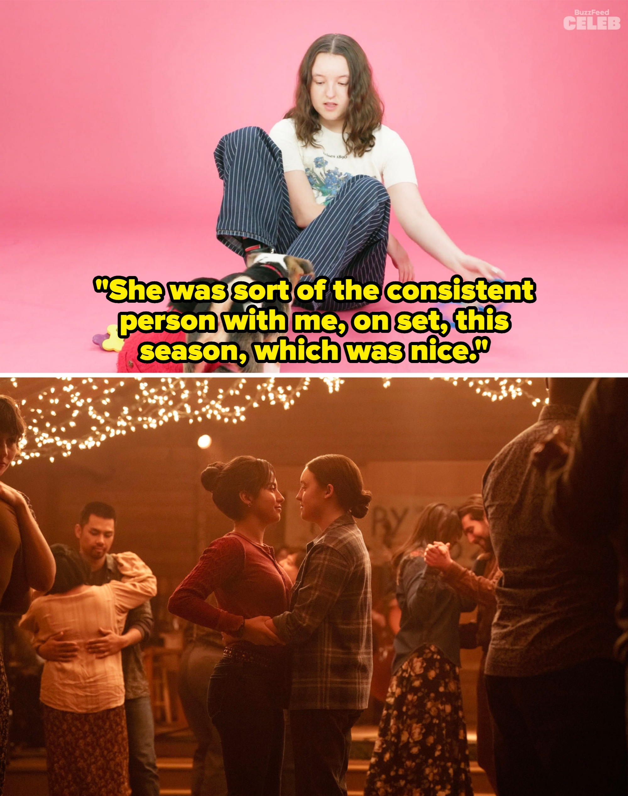 Bella talking about how Isabella was her consistent person on set for Season 2 vs. a still of Dina and Ellie dancing