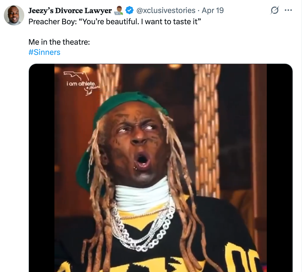 Person with long dreadlocks and a hat makes a surprised expression, sitting indoors. Text above reads, &quot;Preacher Boy: 'You're beautiful. I want to taste it.'&quot;