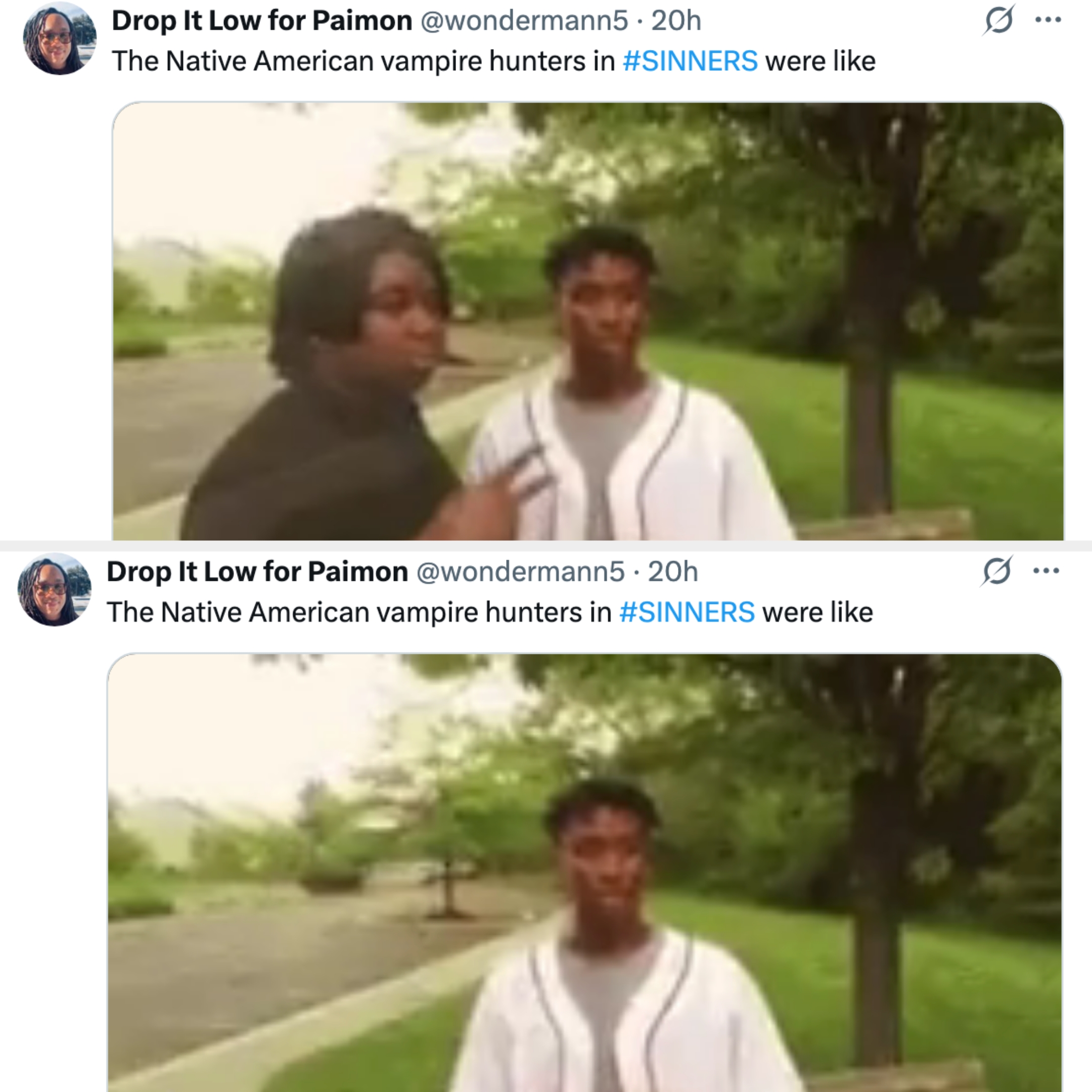 Two screenshots of a tweet comparing characters from a show with two men outdoors, one holding a stick