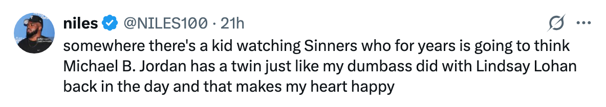 Tweet by user joking that someone will mistake an actor for having a twin, as they did with Lindsay Lohan, bringing them amusement