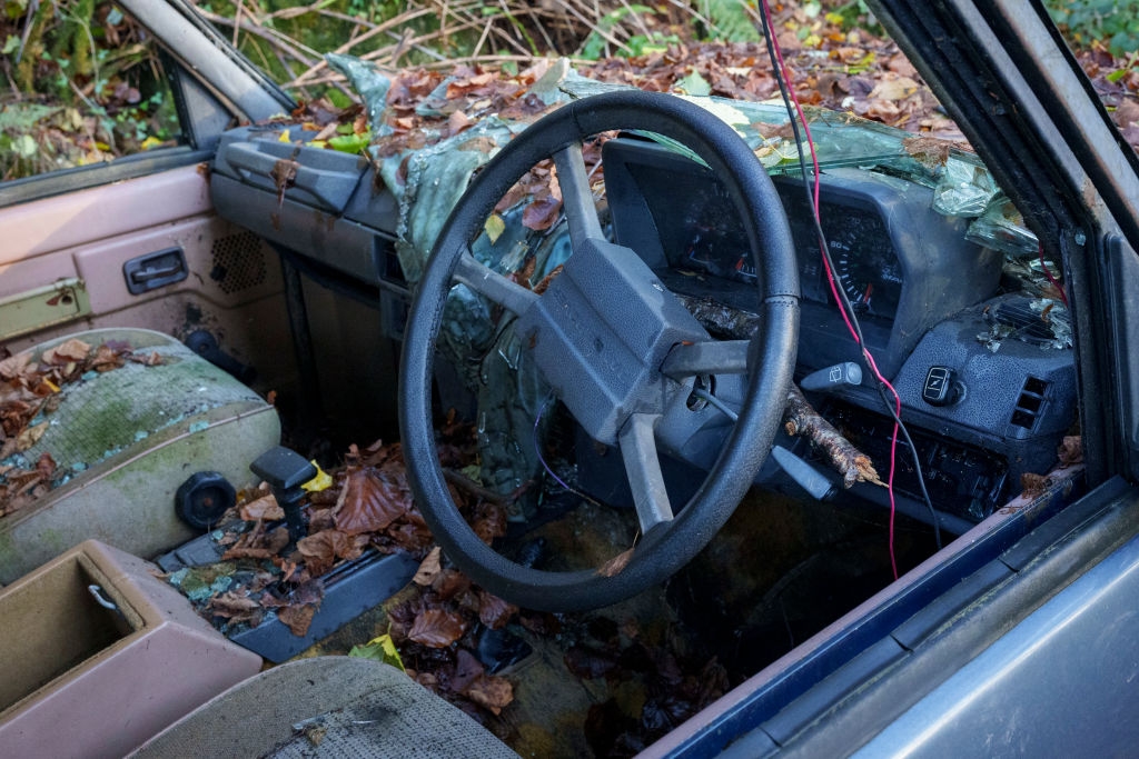 Leaves and debris cover the interior of an abandoned car, showing neglect and decay