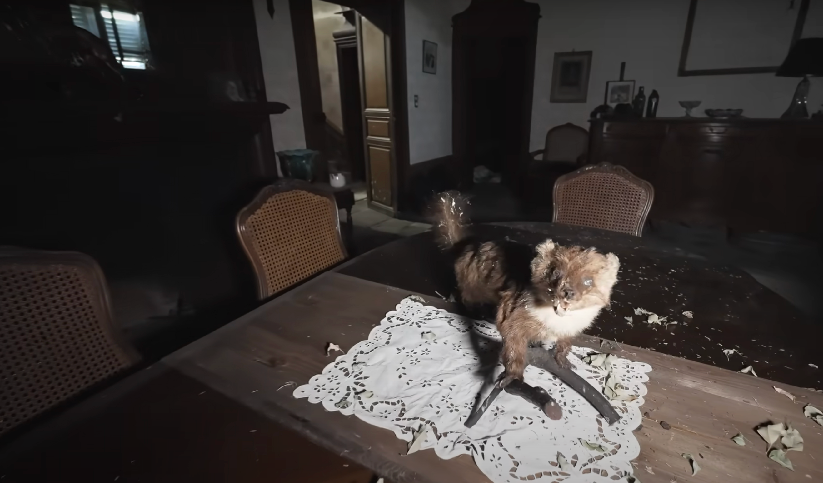 Taxidermy fox posed on a dining table with a lace doily in a dimly lit room, everything thick with dust