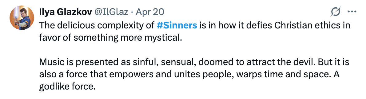 Summary of tweet: The complexity of &quot;Sinners&quot; challenges Christian ethics with mysticism. Music is depicted as sinful yet empowering and unifying