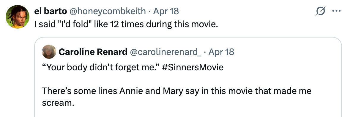 Tweet exchange about impactful lines from the movie &quot;#SinnersMovie,&quot; with references to Annie and Mary's dialogue