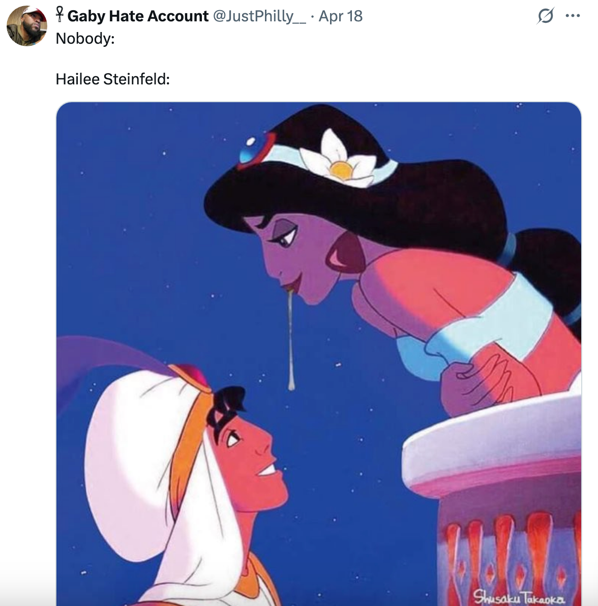 Animated characters from Aladdin, with Jasmine leaning over a balcony spitting on Aladdin. Text mentions &quot;Hailee Steinfeld&quot; in a humorous context