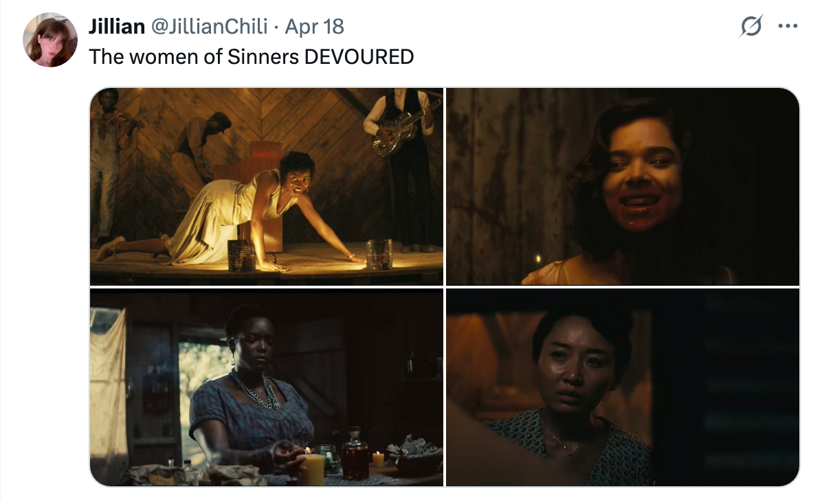 Four women in dramatic scenes from the film &quot;Sinners,&quot; each expressing intense emotions