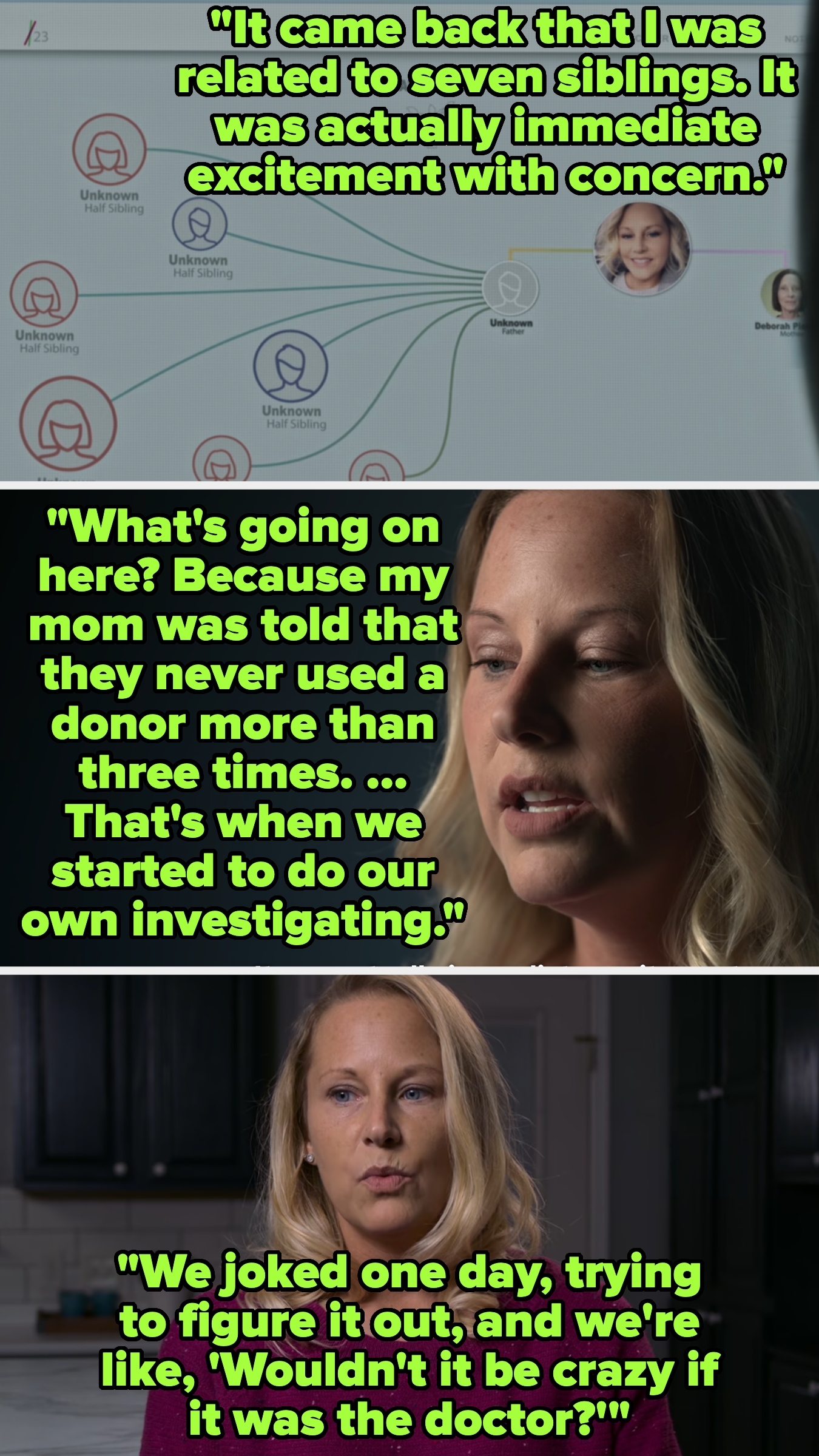 Three images: A network diagram with family connections, a person speaking about donor investigation, and the same person mentioning a doctor wondering