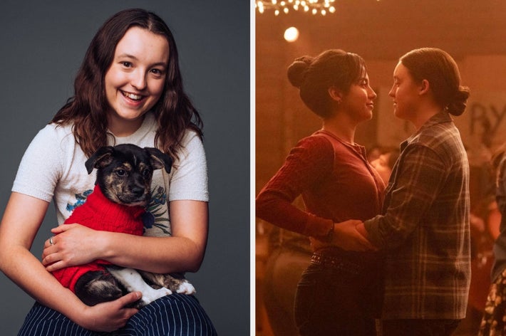 Left: Bella Ramsey smiling, holding a small dog wearing a red sweater. Right: Dina and Ellie dancing in a scene from The Last of Us