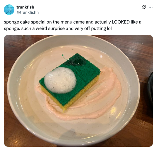 A sponge cake resembling an actual sponge with foam sits on pink cream sauce in a dish; tweet describes it as surprising and off-putting