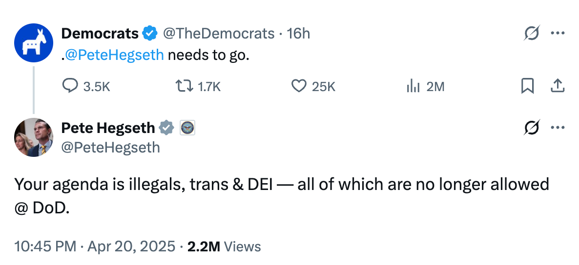 Tweet criticizing a user by political account and a defensive reply from user about agenda priorities, mentioning DoD