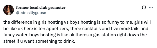 Post discussing the difference in hosting styles between girls and boys, highlighting varied approaches to refreshments and hospitality