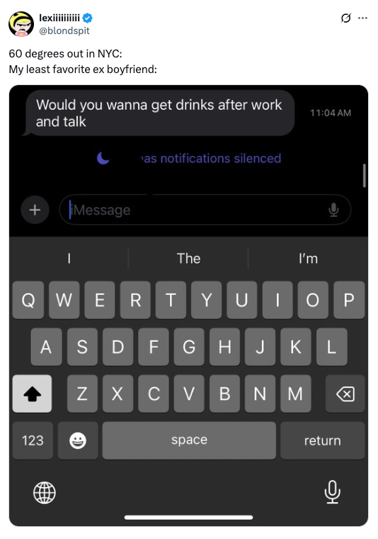 Text message on screen reads: "Would you wanna get drinks after work and talk?"