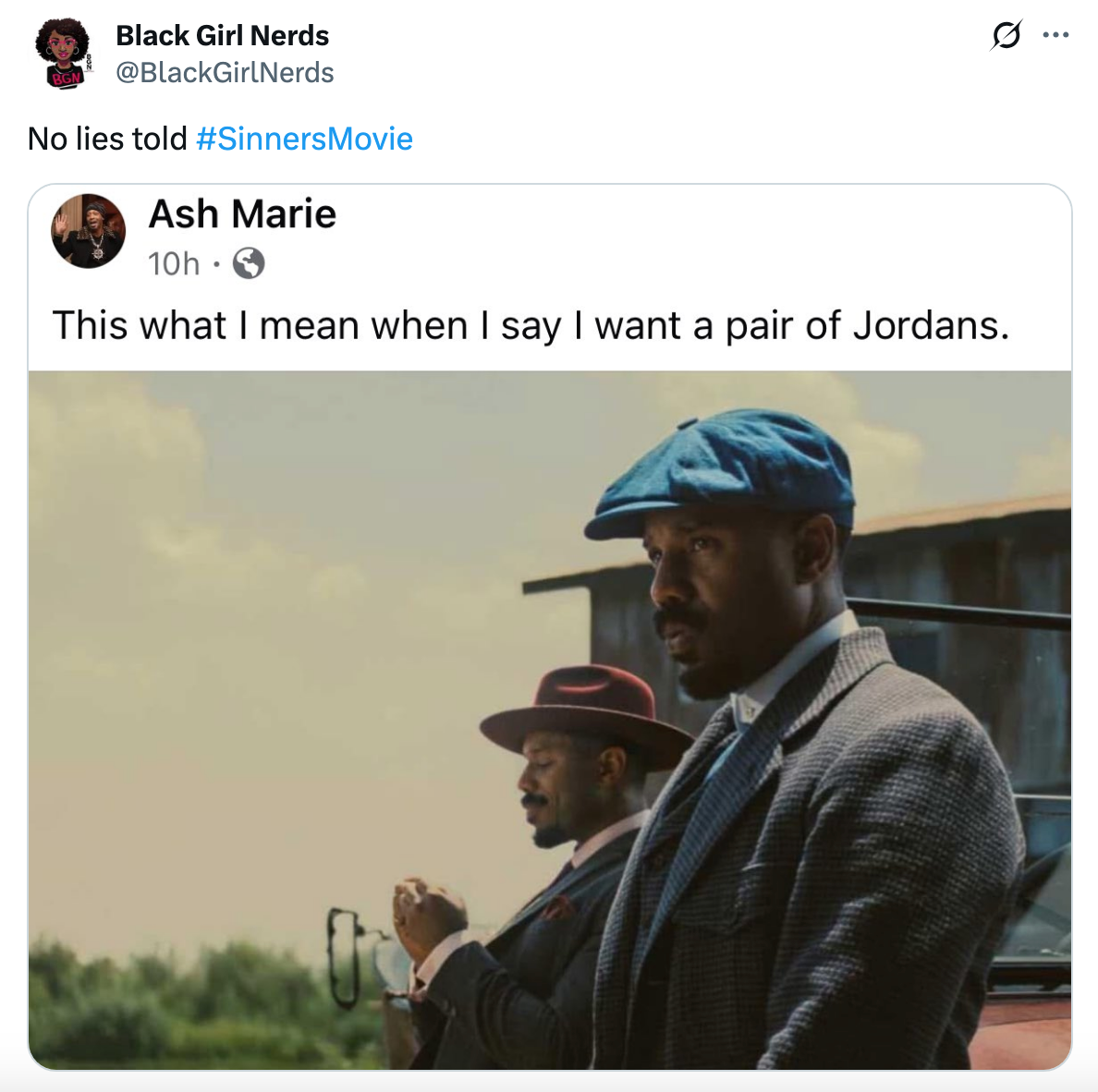 Two characters from a movie scene wear vintage suits and hats. One, in the foreground, looks serious and contemplative. A tweet above references wanting Jordans