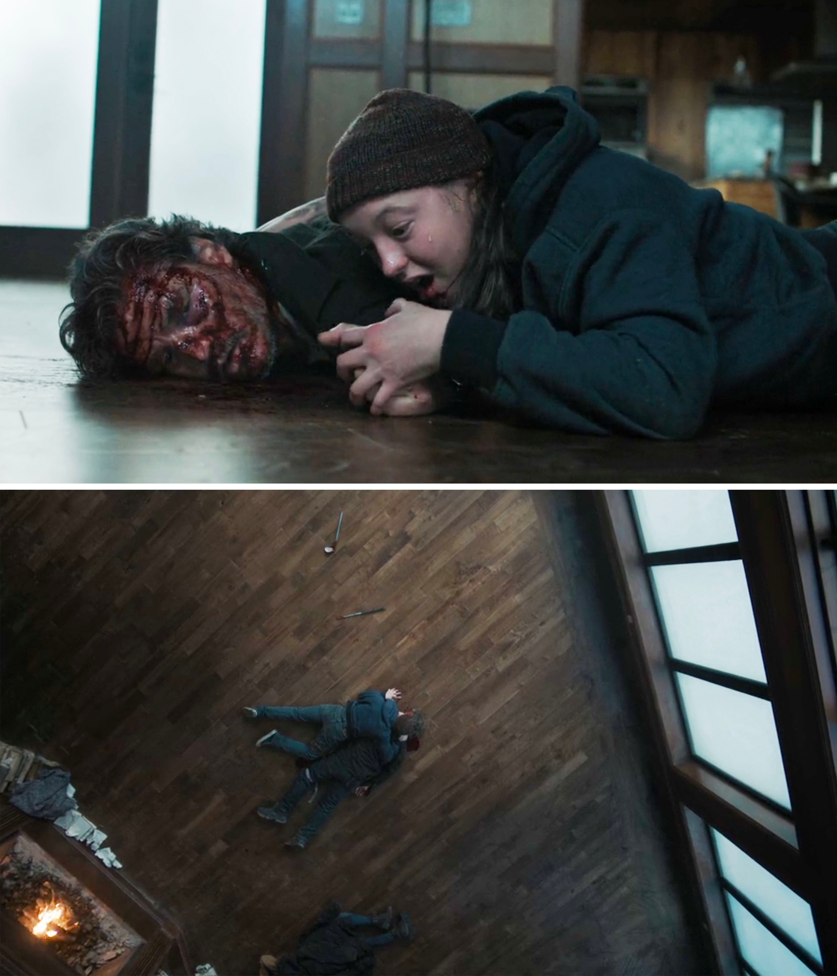 Ellie lying on top of Joel's body and a wide show revealing them lying there