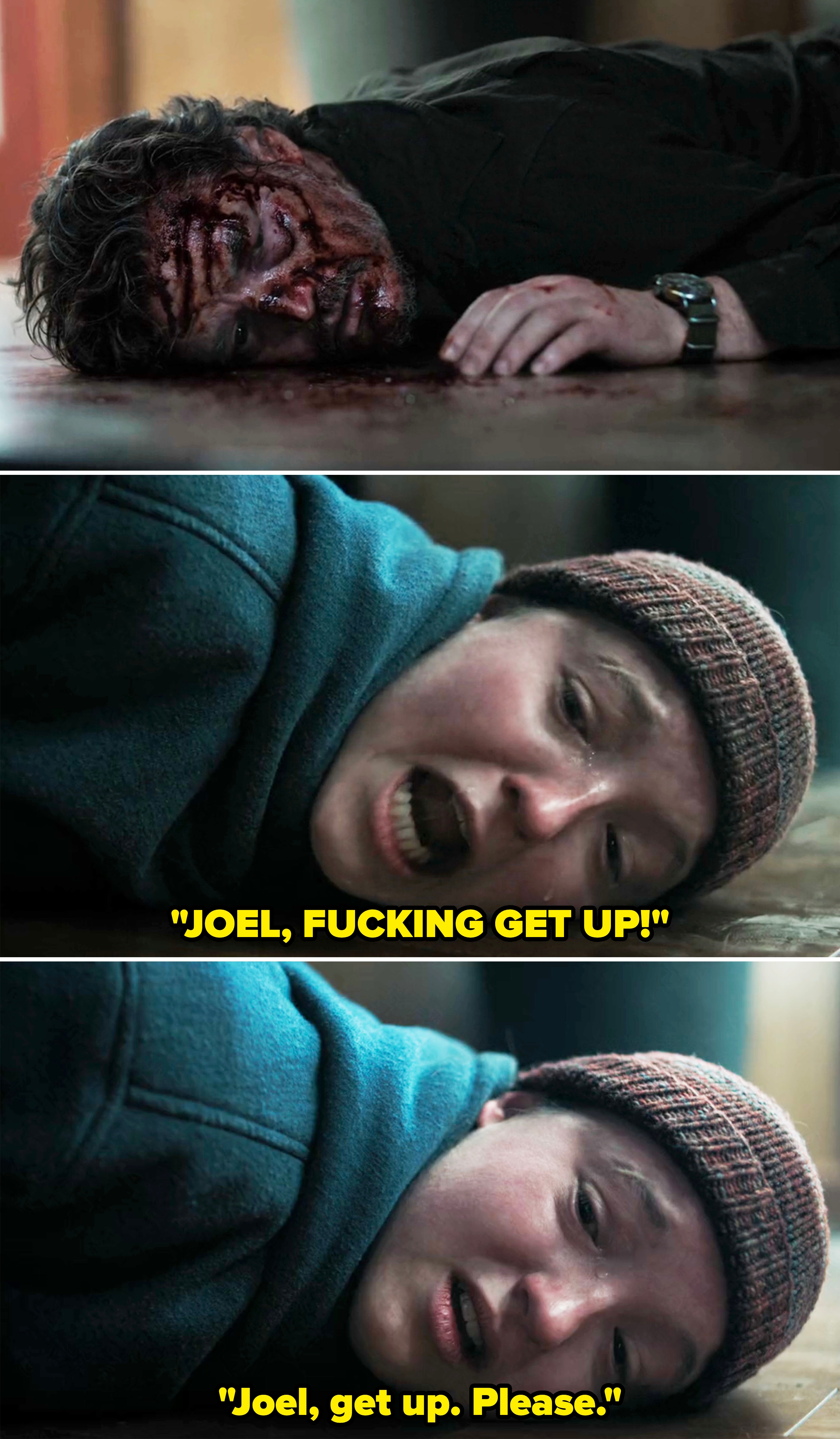 Joel lying bloody on the ground as Ellie screams and cries for him to get up