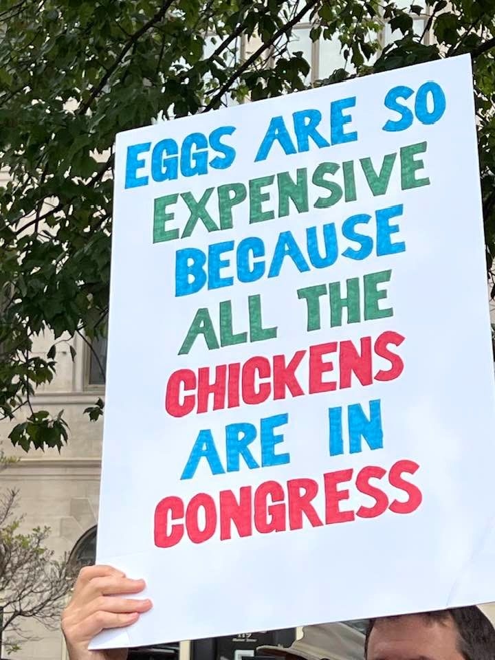 Person holds a protest sign reading, "Eggs are so expensive because all the chickens are in Congress."