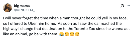 Tweet about changing an Uber destination to the Toronto Zoo as a humorous reaction to someone's rude behavior