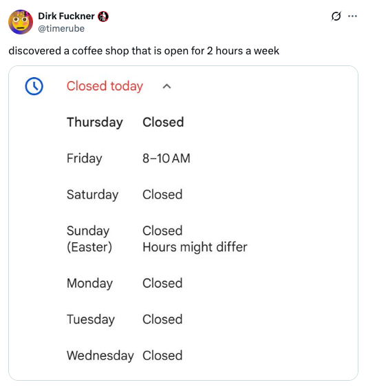 Schedule for a coffee shop: Open Friday 8-10 AM. Closed every other day. Sunday hours may change for Easter