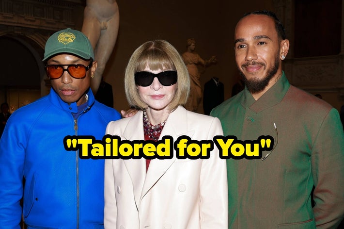 Three individuals in stylish outfits: one in a blue jacket, one in a cream suit, and one in a green suit, posing for a celebrity event