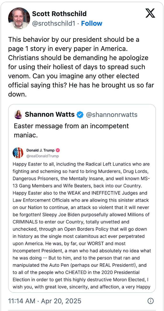 Tweet criticizing a leader for divisive language against various groups, followed by a response calling them an incompetent maniac