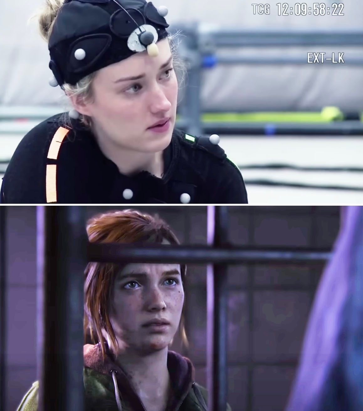 Ashley Johnson in motion capture suit performs as Ellie