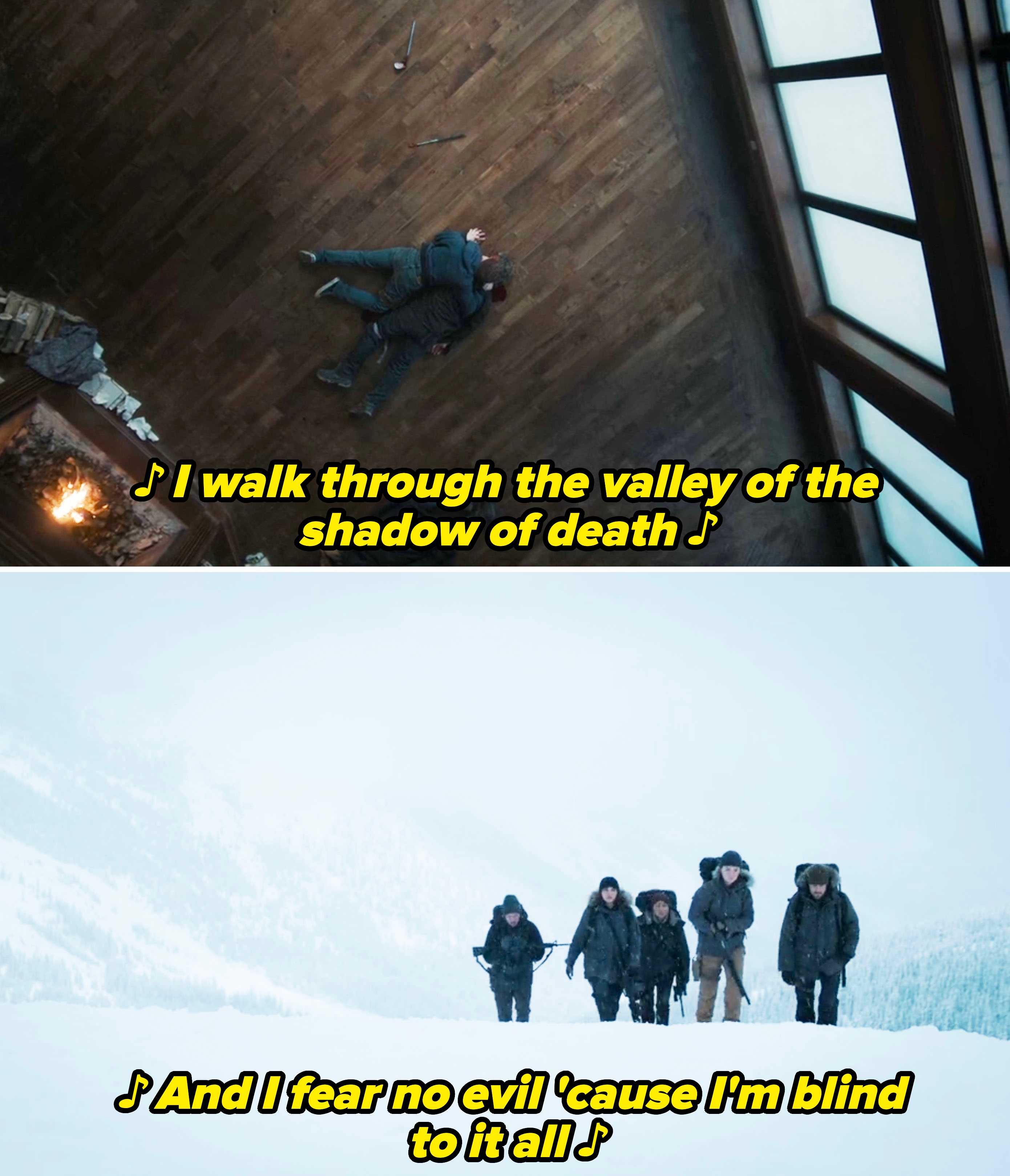 Two scenes showing Ellie lying on top of Joel and Abby and her crew walking through the snow, with lyrics from "Through the Valley" overlayed