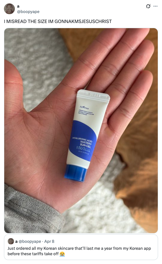 Person holds a small tube of skincare product, captioned humorously expressing surprise at its size