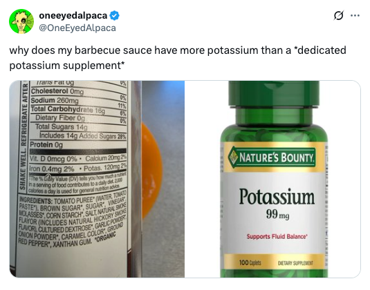 Image comparing a barbecue sauce nutrition label with a potassium supplement, highlighting the sauce's higher potassium content