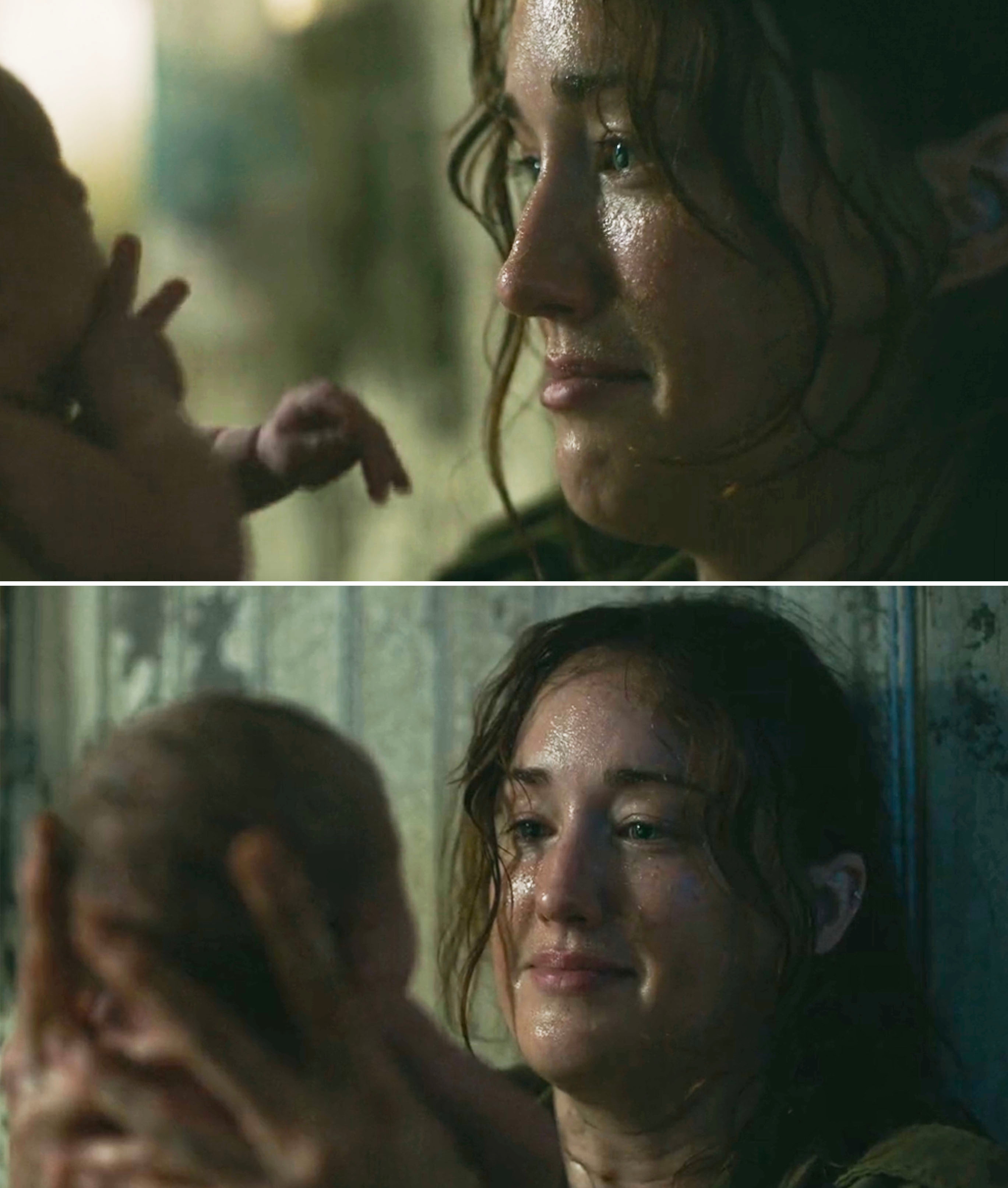 Ashley as Anna in The Last of Us holding a baby Ellie after giving birth