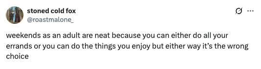 Tweet humorously comments on the dilemma of choosing between errands and leisure on weekends
