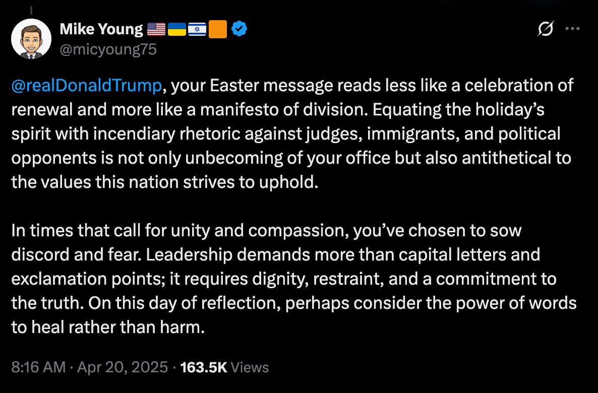 Tweet criticizing a public figure's Easter message for promoting division, urging leadership to embrace unity, compassion, and truth