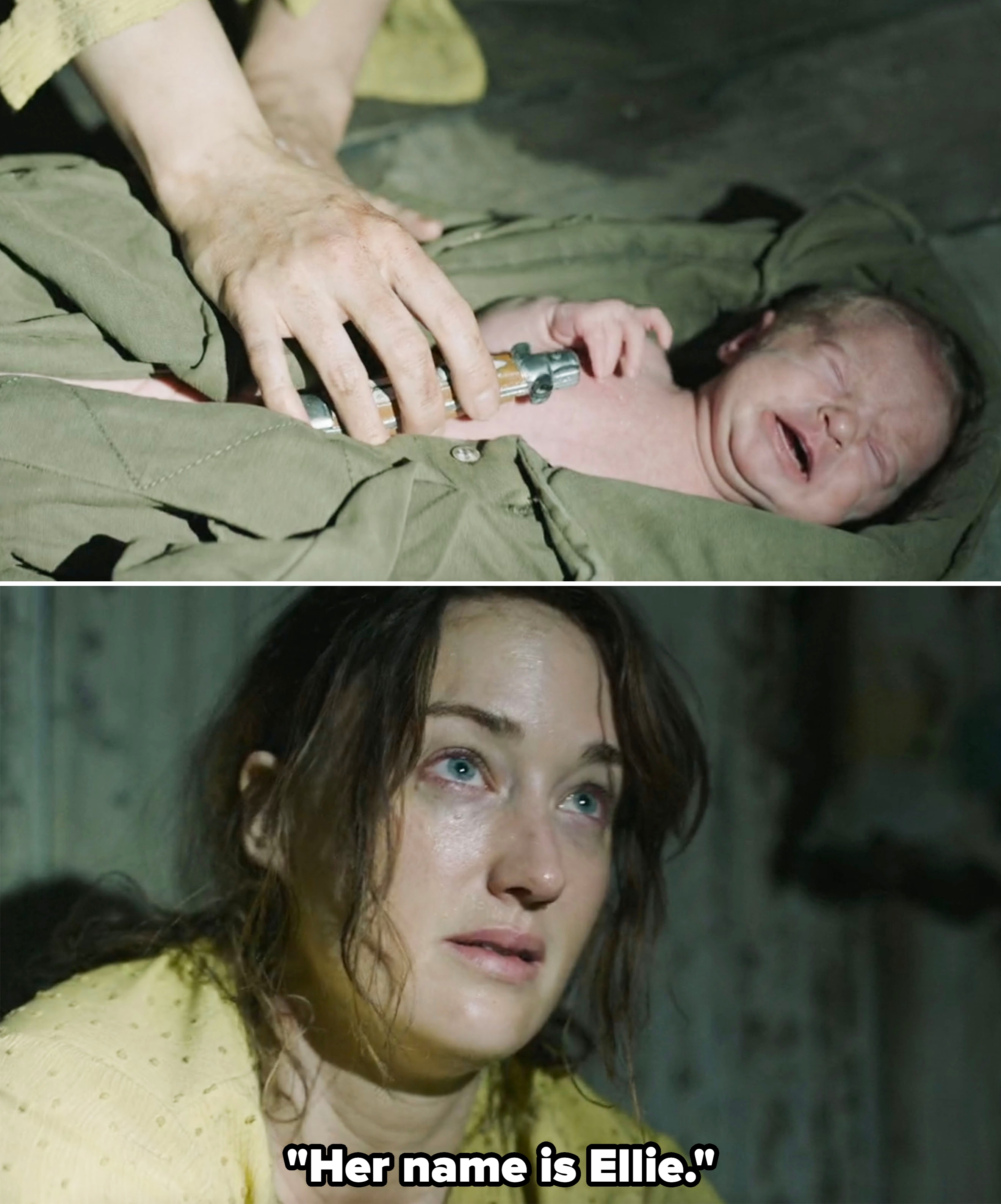 Anna wrapping baby Ellie up in her jacket and giving her a switchblade, and revealing her name is Ellie