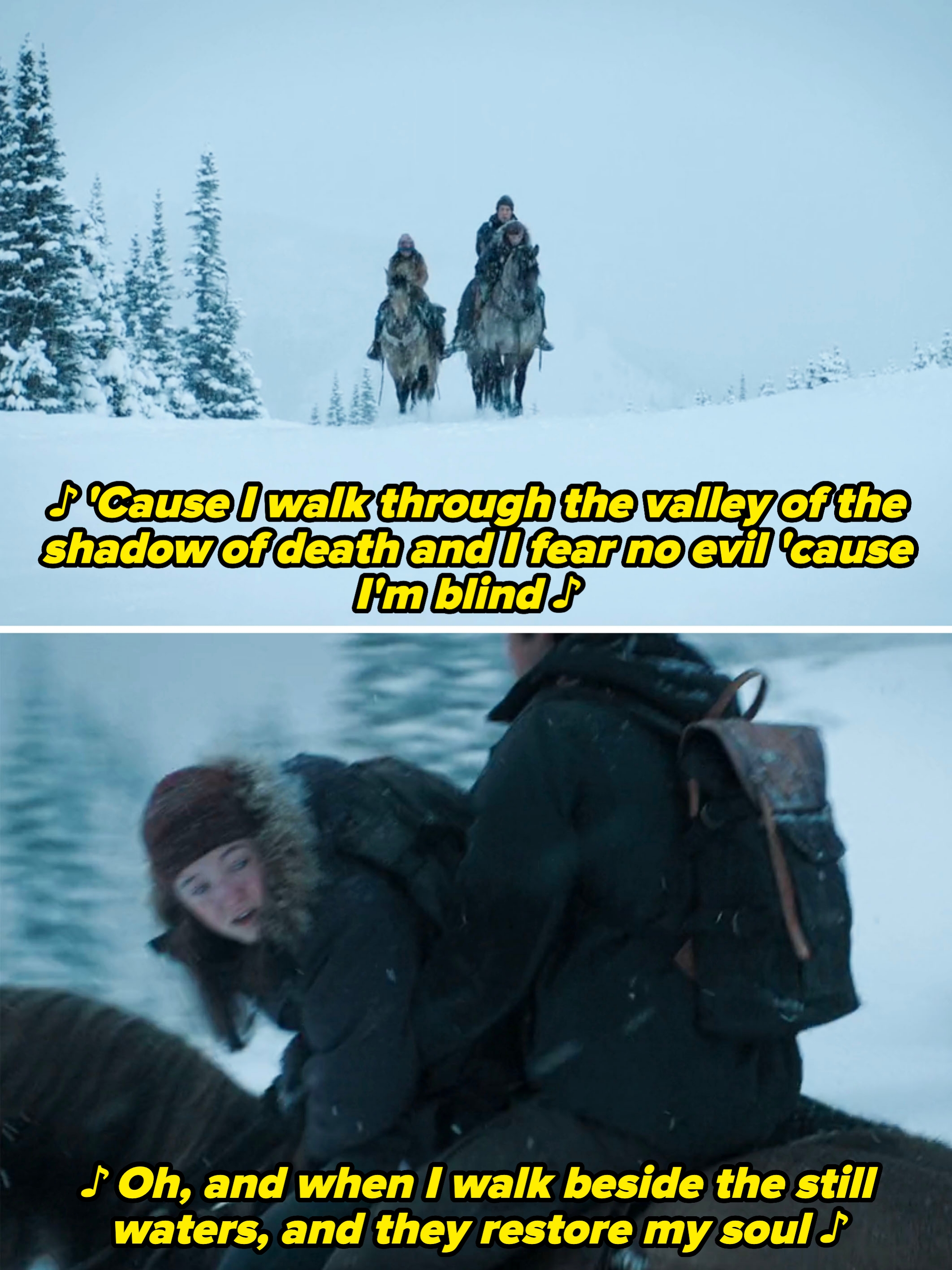 Ellie looking back at Joel's body as it's being dragged behind her horse in the snow, with lyrics from "Through the Valley" overlayed