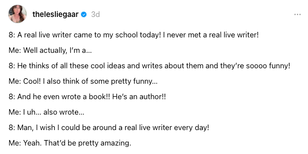 A child excitedly talks about meeting a real live writer, expressing admiration and wishing they could meet one every day