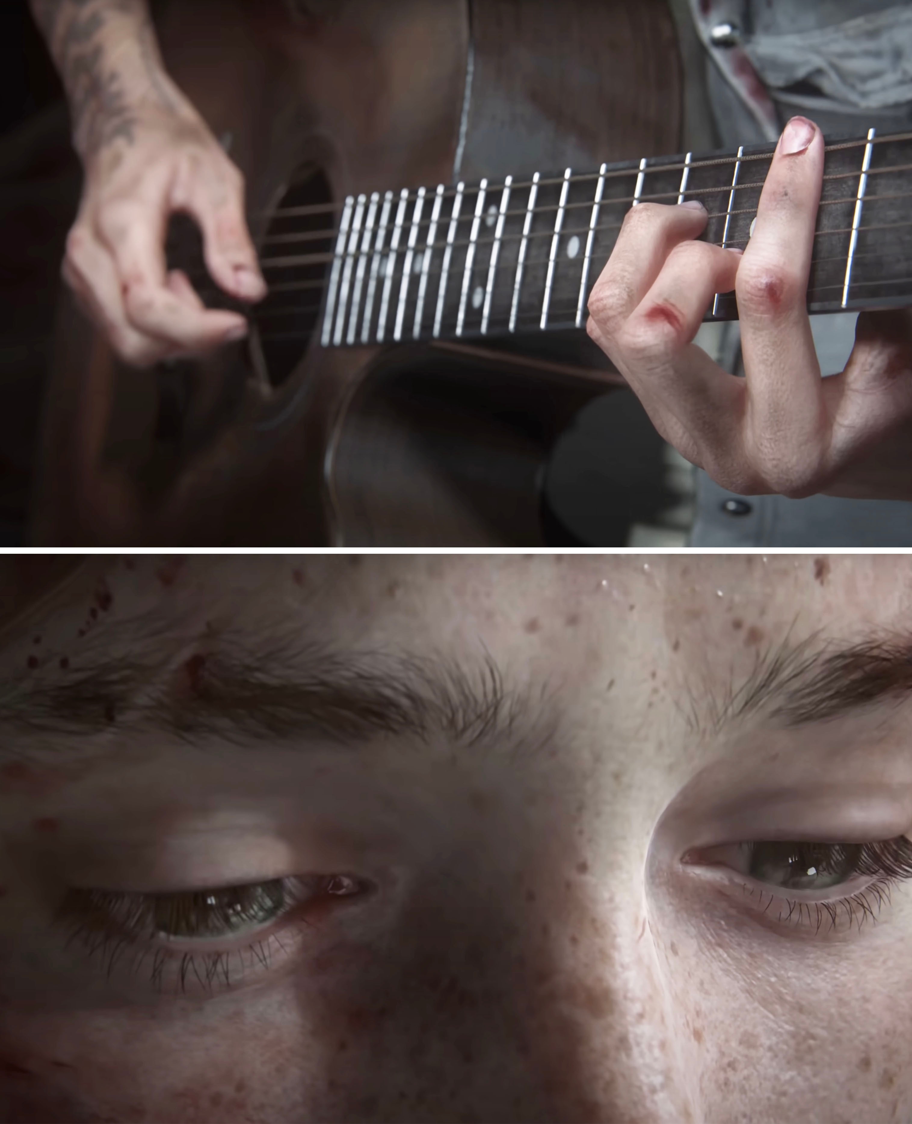 Close-ups of Ellie playing a guitar and her eyes in the video game