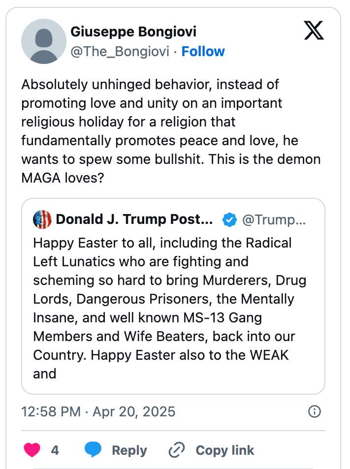 Social media post criticizing a tweet that associates Easter with political and divisive commentary