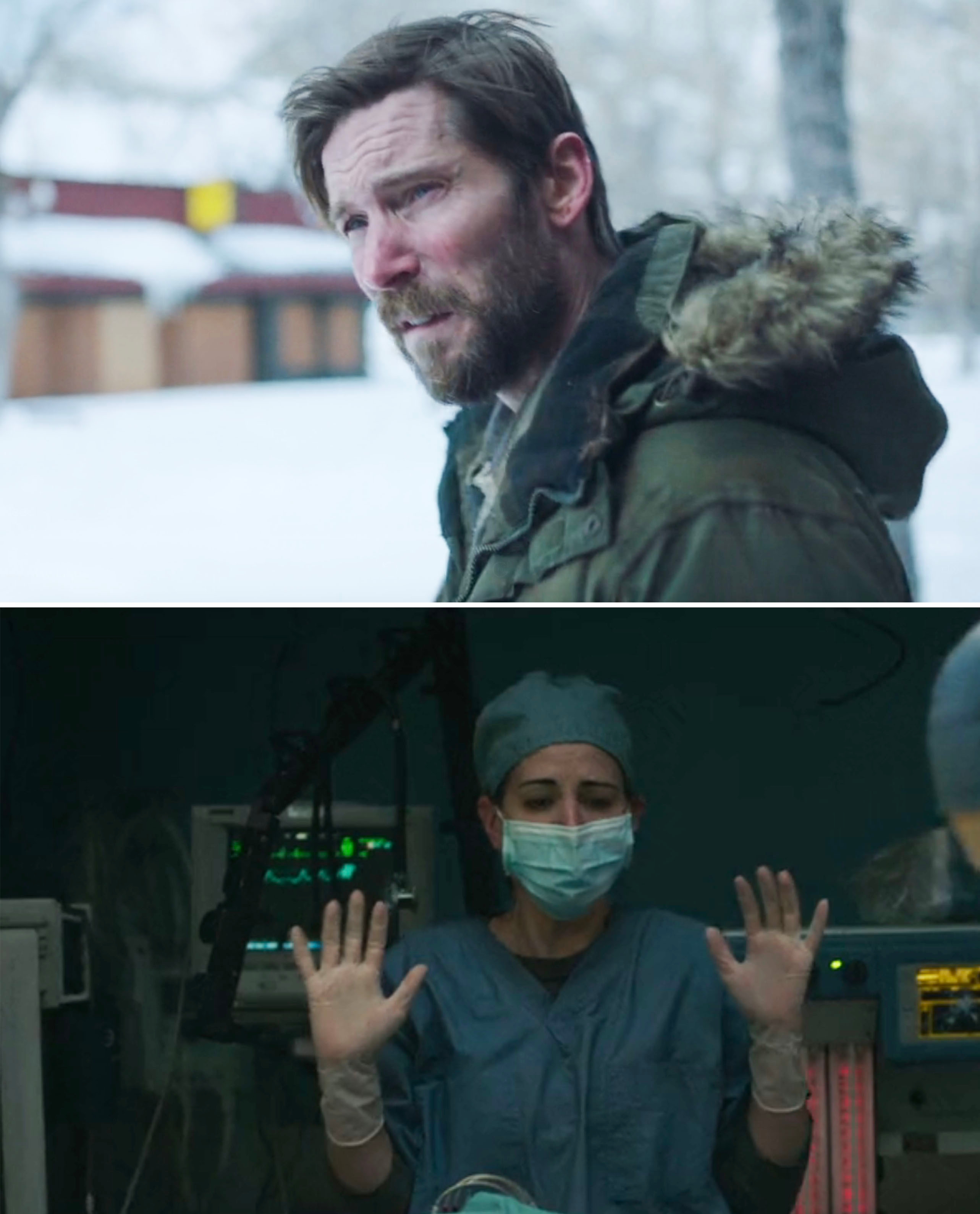 Troy in a scene with a winter coat on and Laura as a nurse in an operating room