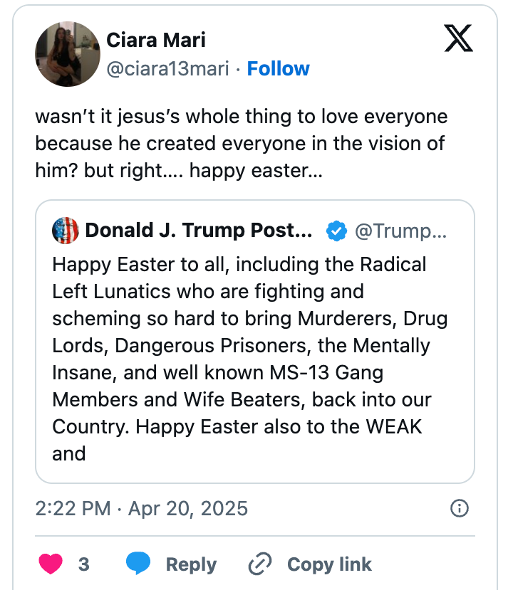 Tweet showing a reply from Ciara Mari questioning a post by a public figure about Easter, referencing controversial topics