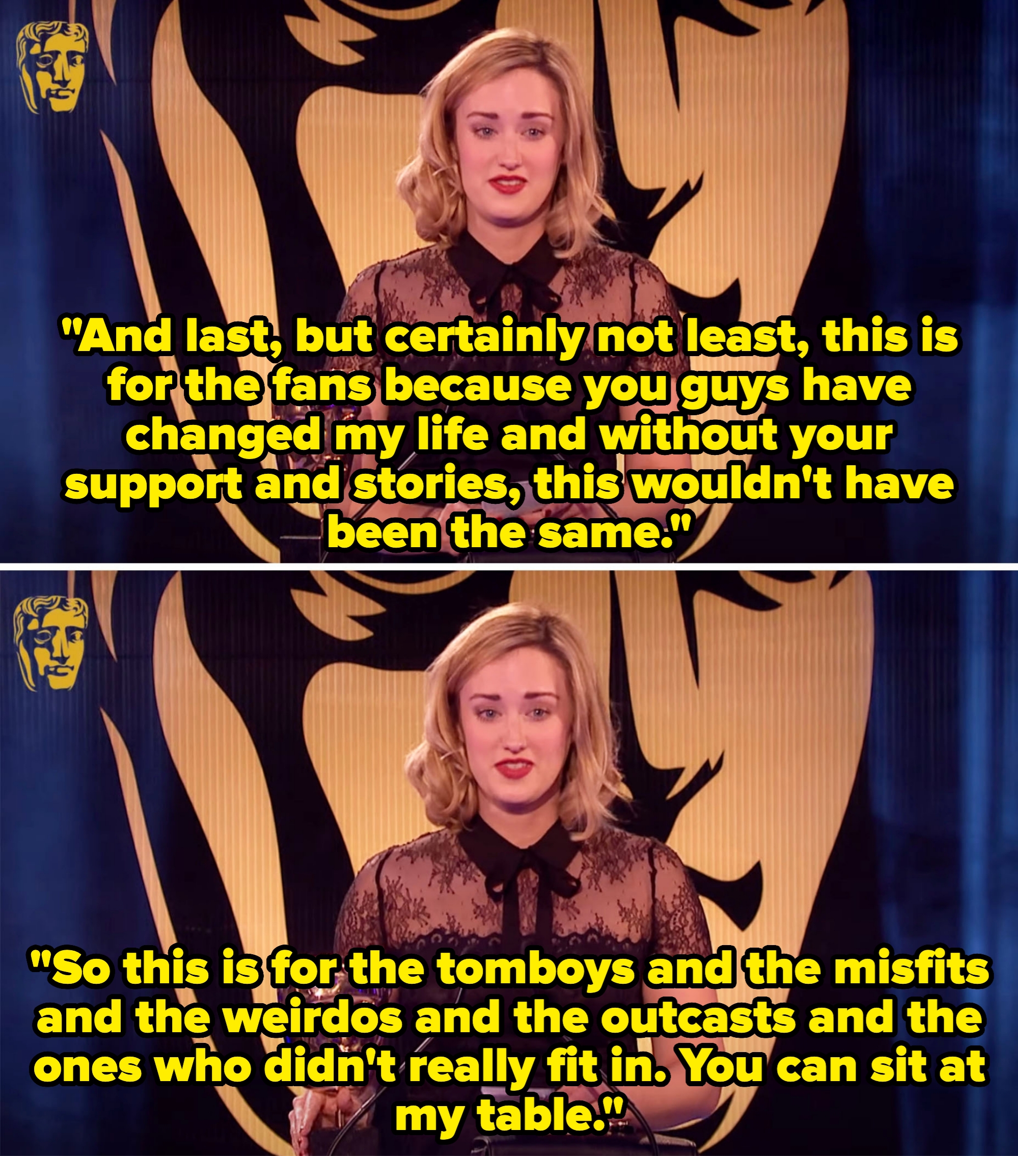 Ashley giving a speech at the BAFTA game awards thanking the fans and saying her win is for all the misfits