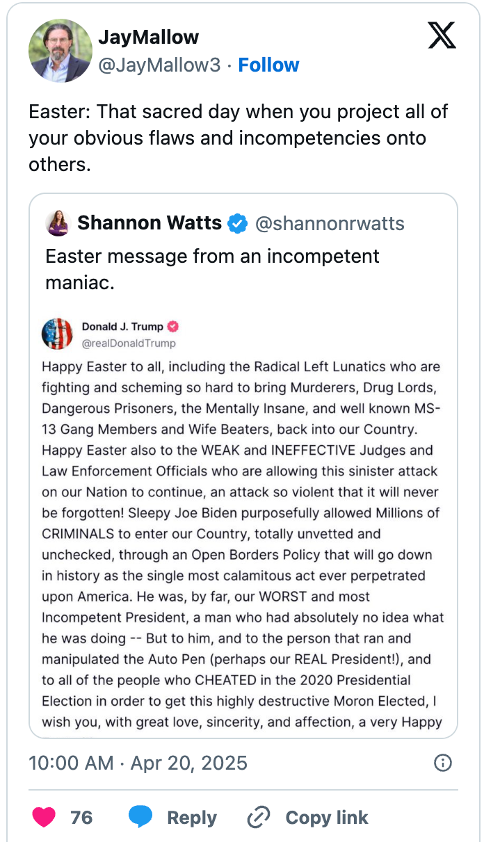 Social media post titled &quot;Easter: That sacred day&hellip;&quot; shows a tweet criticizing and mocking a political figure's Easter message