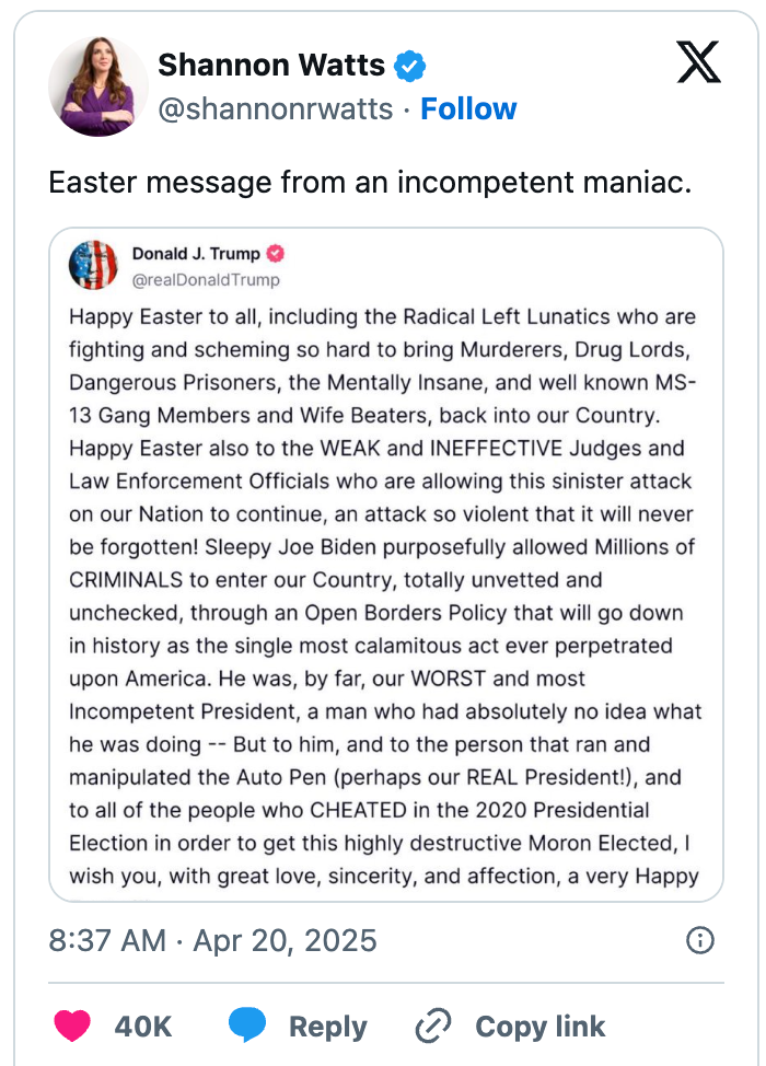 Tweet by Donald J. Trump calling Joe Biden incompetent and criticizing his policies, with derogatory terms for Easter greetings