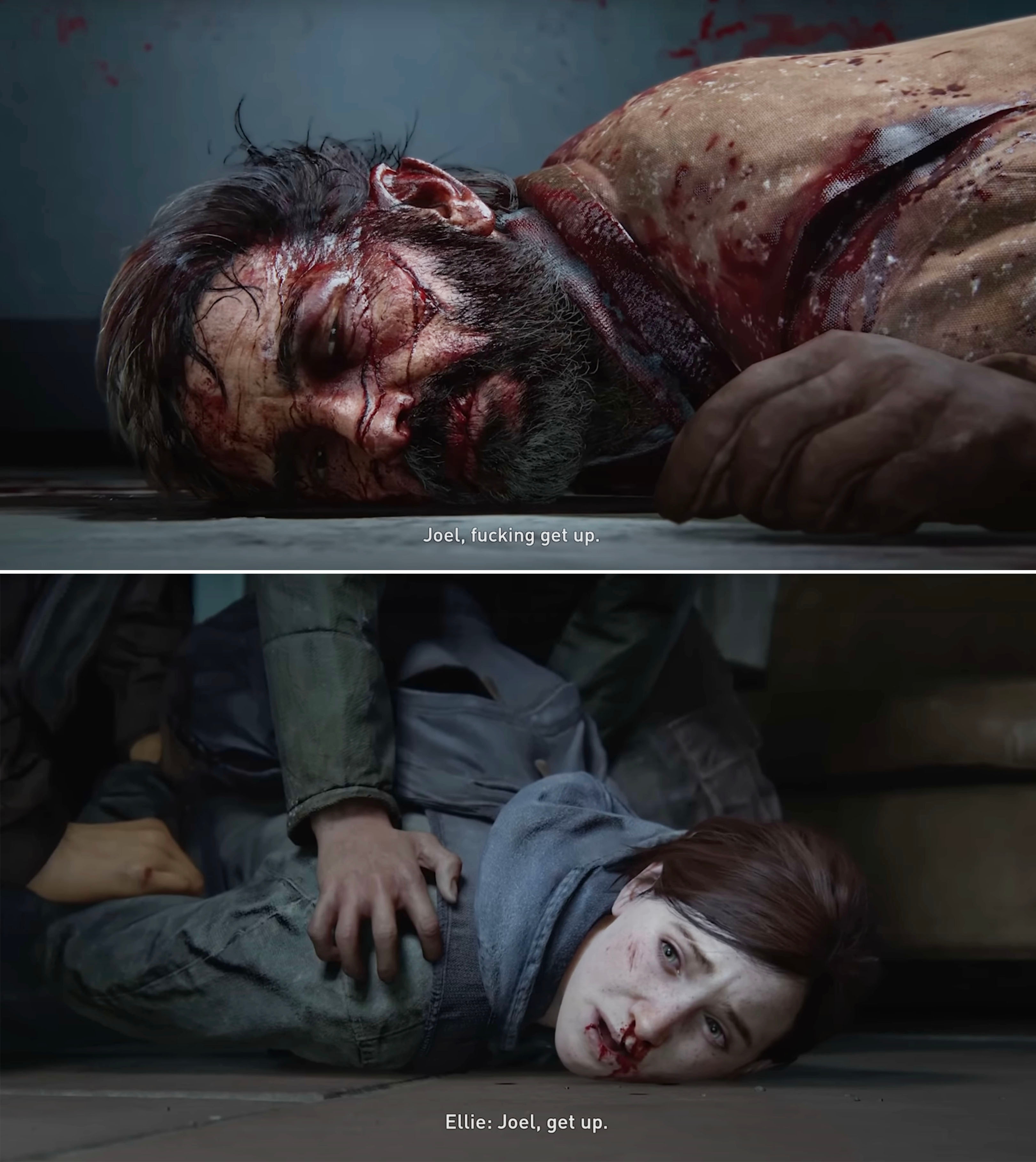 Video game stills showing a bloody Joel lying on the ground as Ellie screams for him to get up