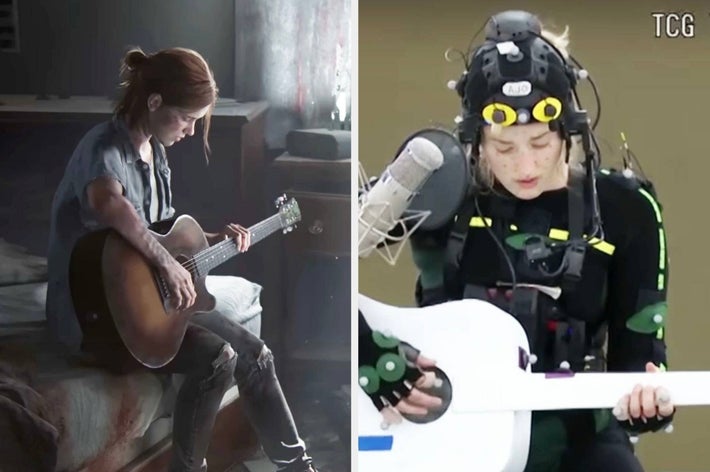 Ellie in The Last of Us game playing guitar alongside Ashley Johnson in motion capture gear playing a mock guitar