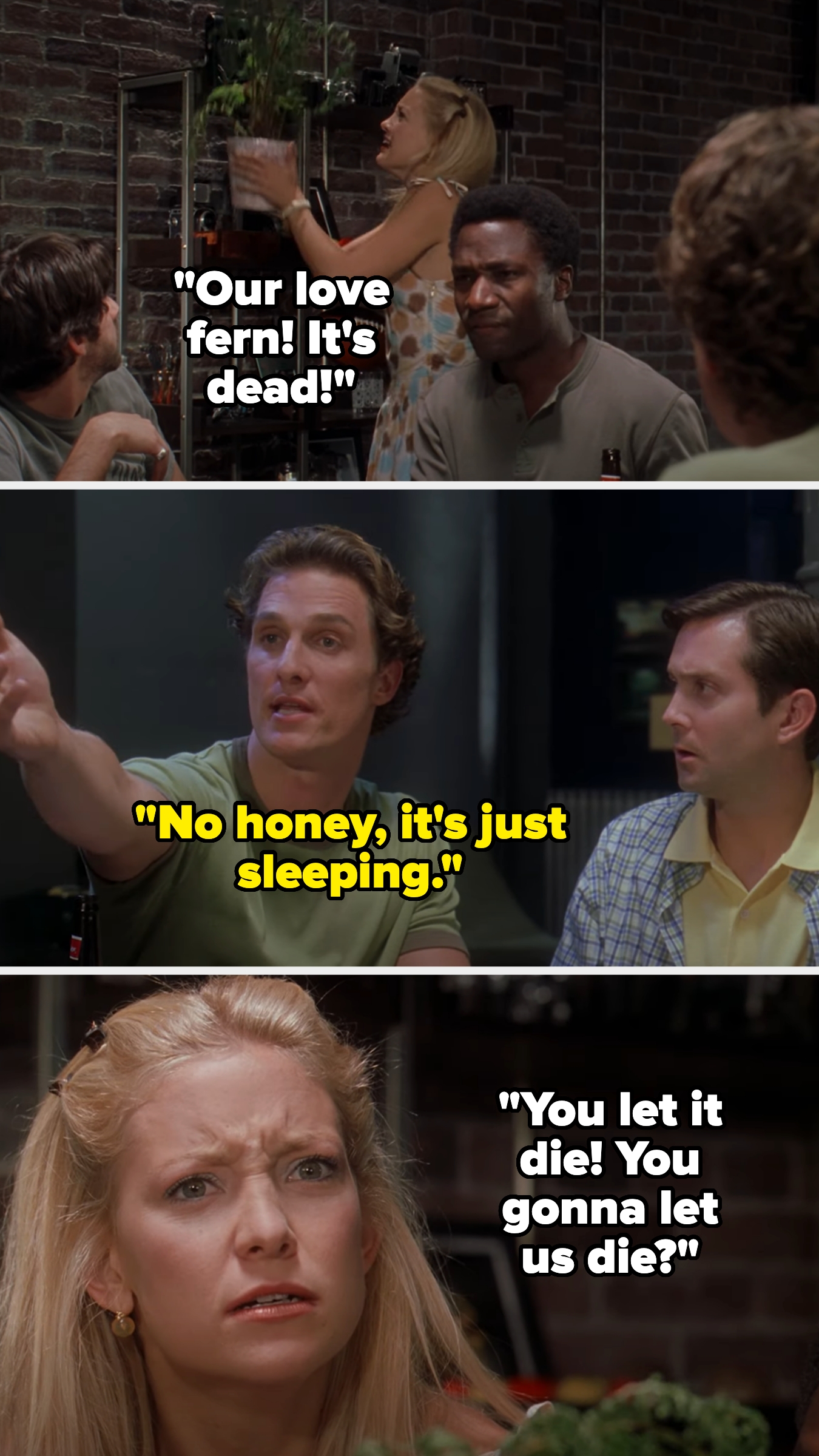 Andie sees their dying love fern and gets upset, asking if Ben will let their relationship die too; Ben says the fern is sleeping