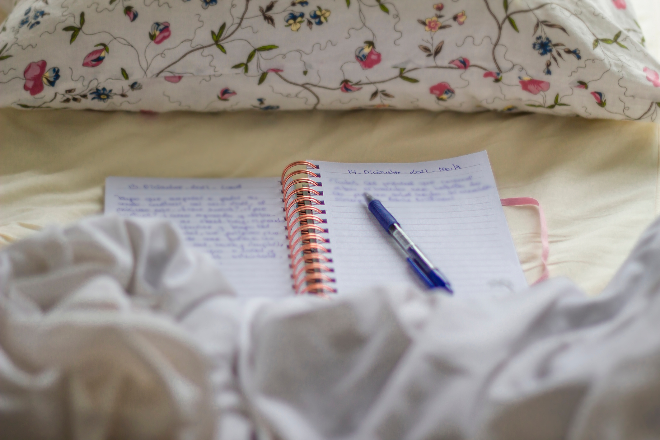 Notebook with notes and a pen on a bed with floral-patterned pillow. Cozy setting in an intimate, personal space