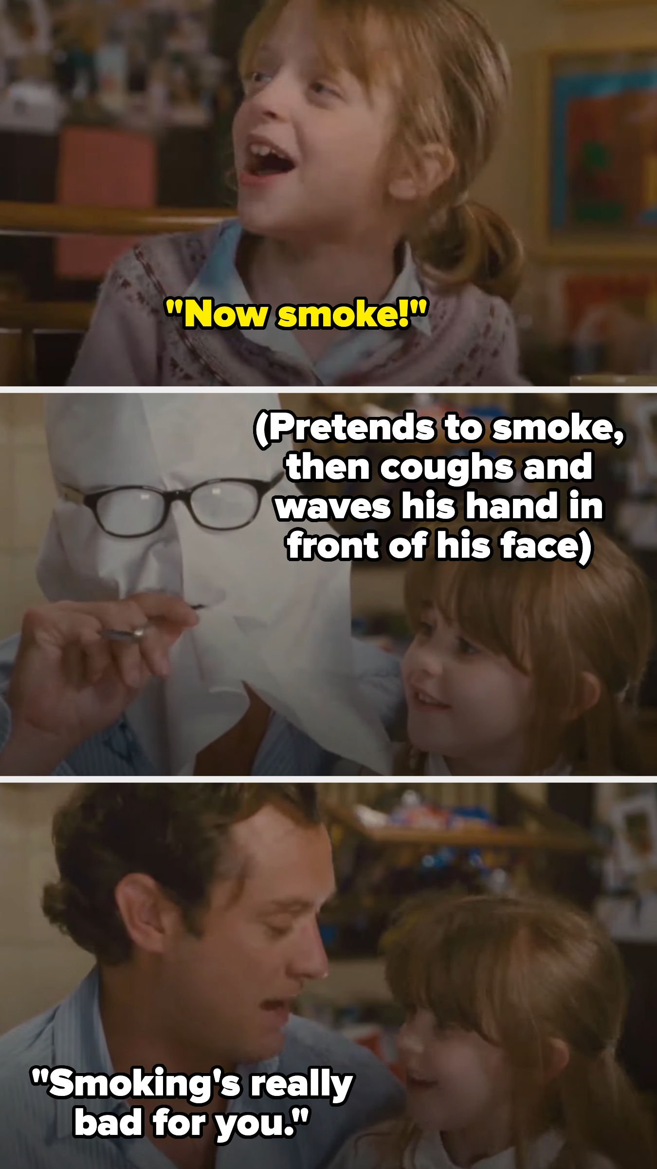 Graham, with a napkin covering his face and glasses on, pretends to smoke using a spoon at his daughter's suggestion. He then pretends to cough and pulls the napkin off, saying smoking is bad for you