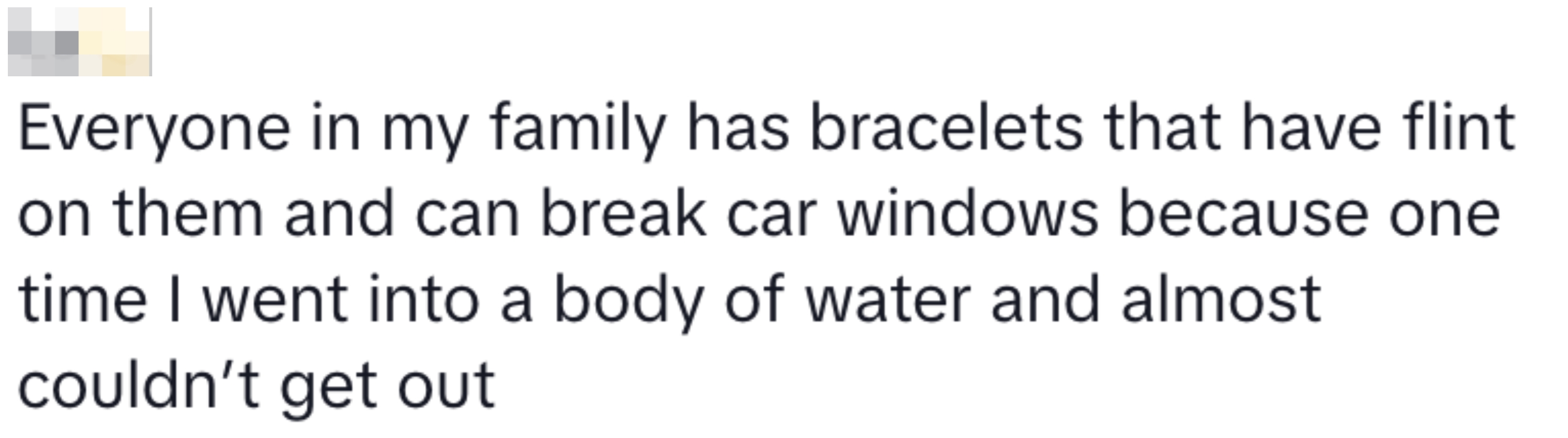 Text post about family wearing flint bracelets for emergency car window breaking after a near-drowning incident