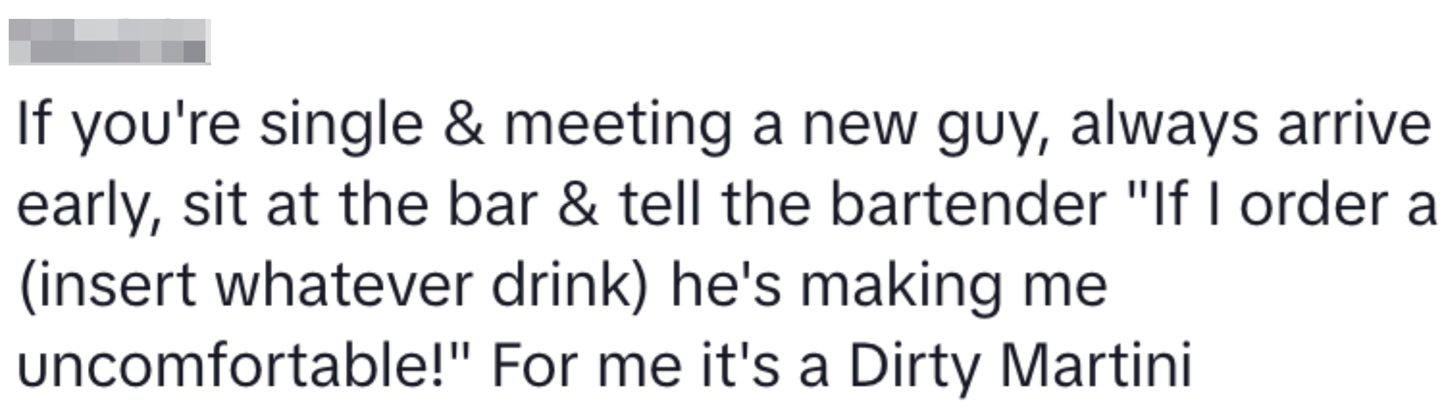 Text advice suggests arriving early on a date, sitting at the bar, and using a pre-set drink order to signal discomfort