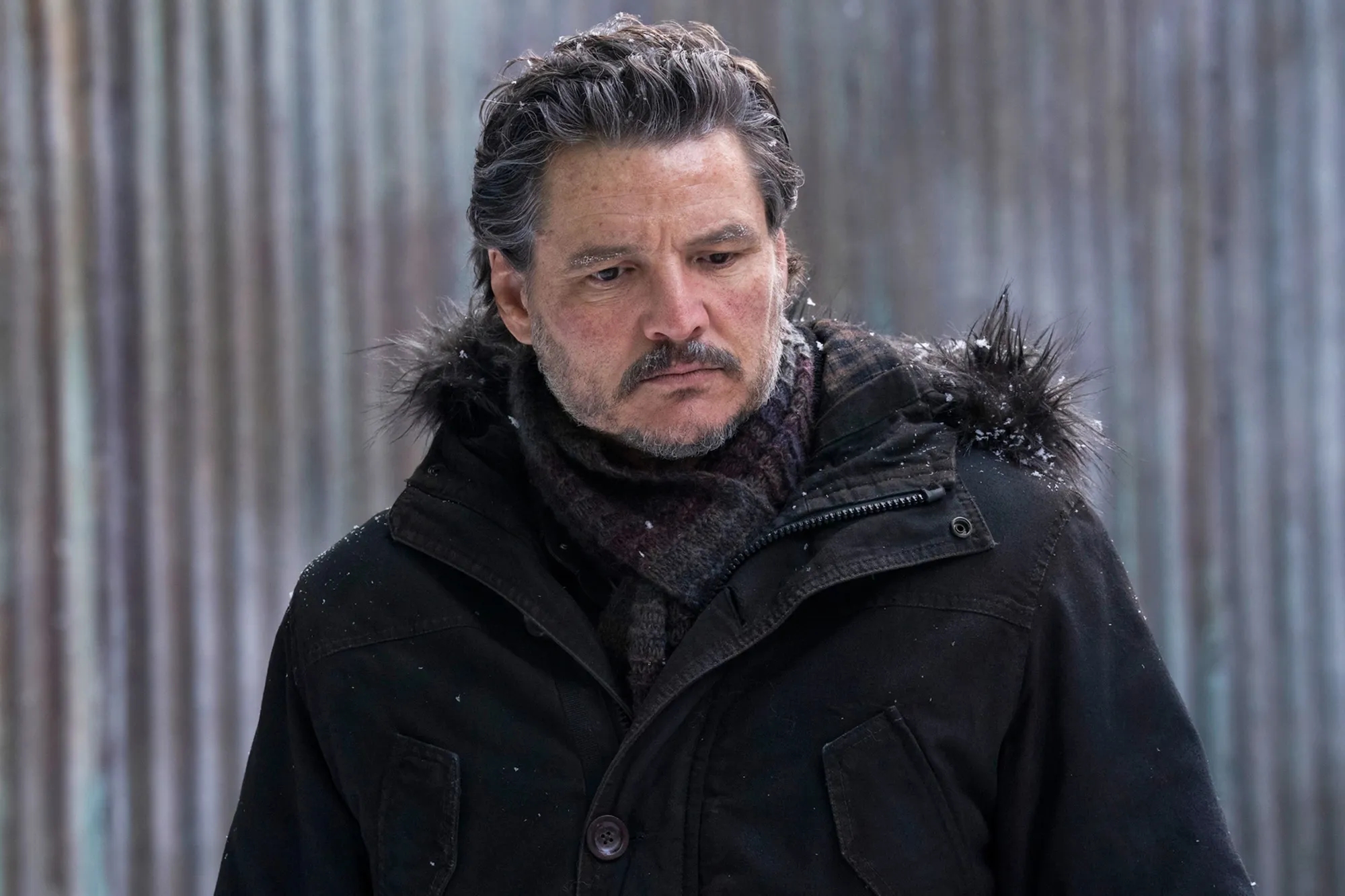 Persona con expresión pensativa, usando abrigo con capucha de piel, bufanda, fondo de metal corrugado